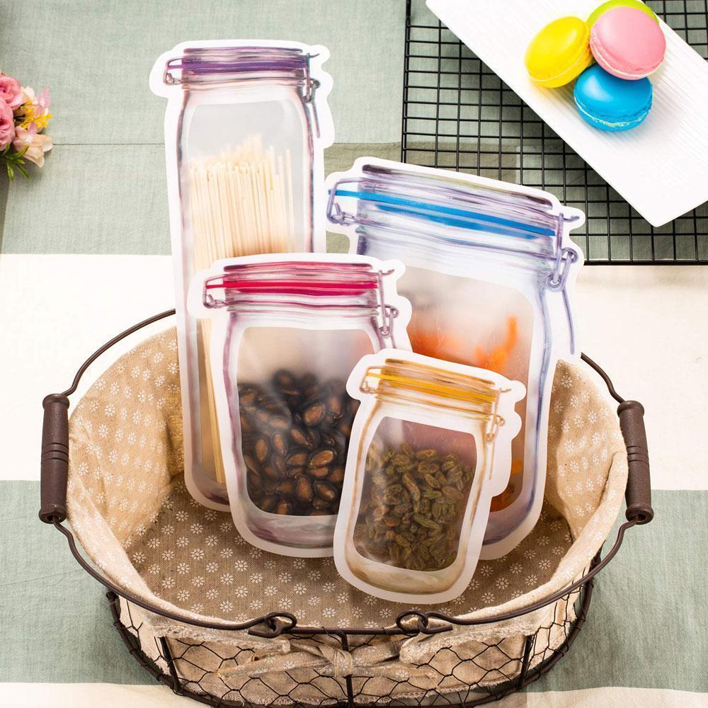 Stack of reusable food storage mason jar bags, promoting organized kitchen storage and fresh food preservation.