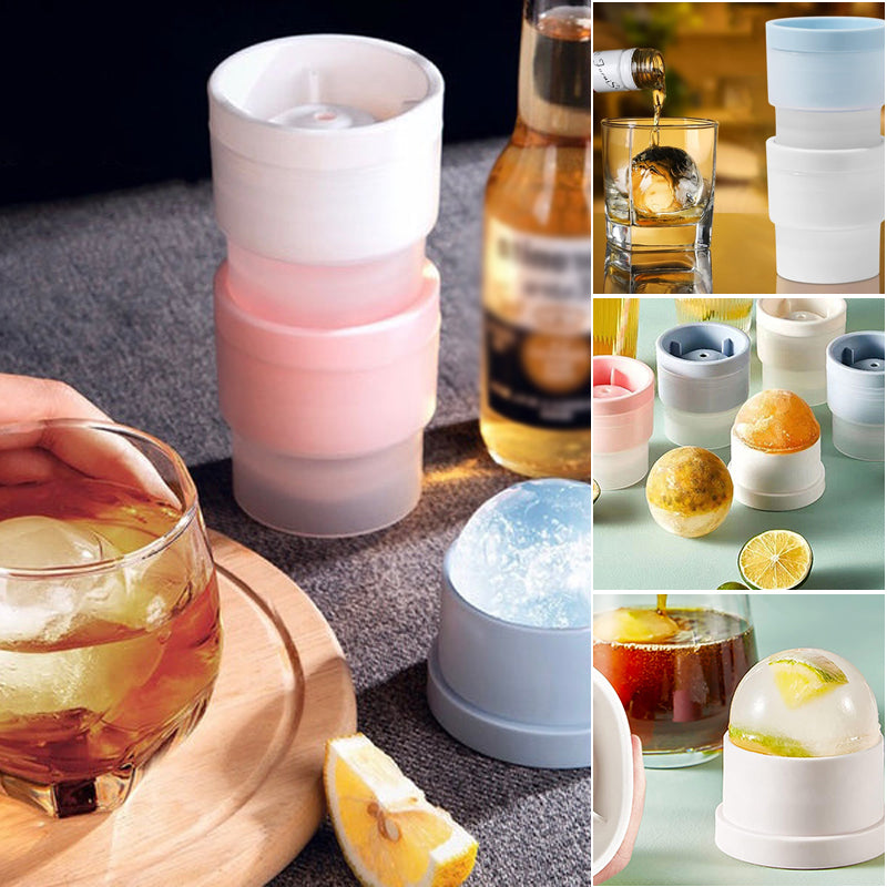Freshly made sphere ice balls in a bowl, produced by the stackable molds, ready for various cold drinks.