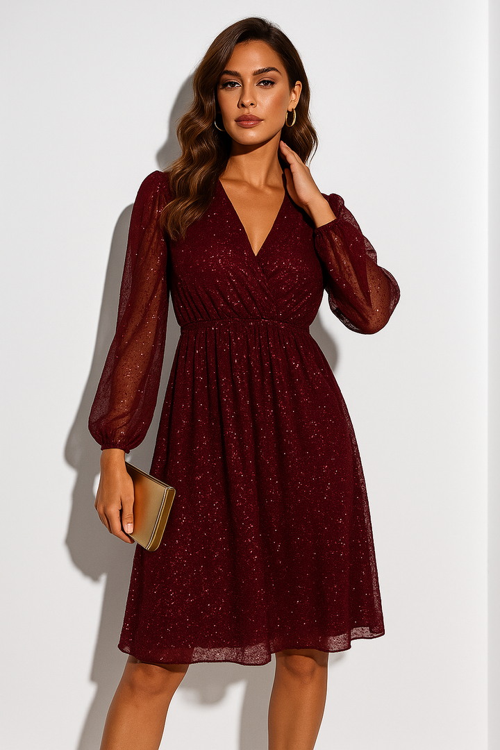 Sparkling women's cocktail dress: glitter puff sleeve mini dress with a chic wrap style, great for parties.