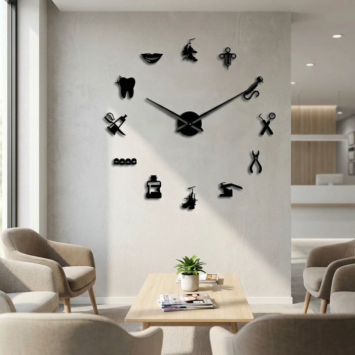 Silent large wall clock for modern dental office decor. Professional timepiece for clinic reception.