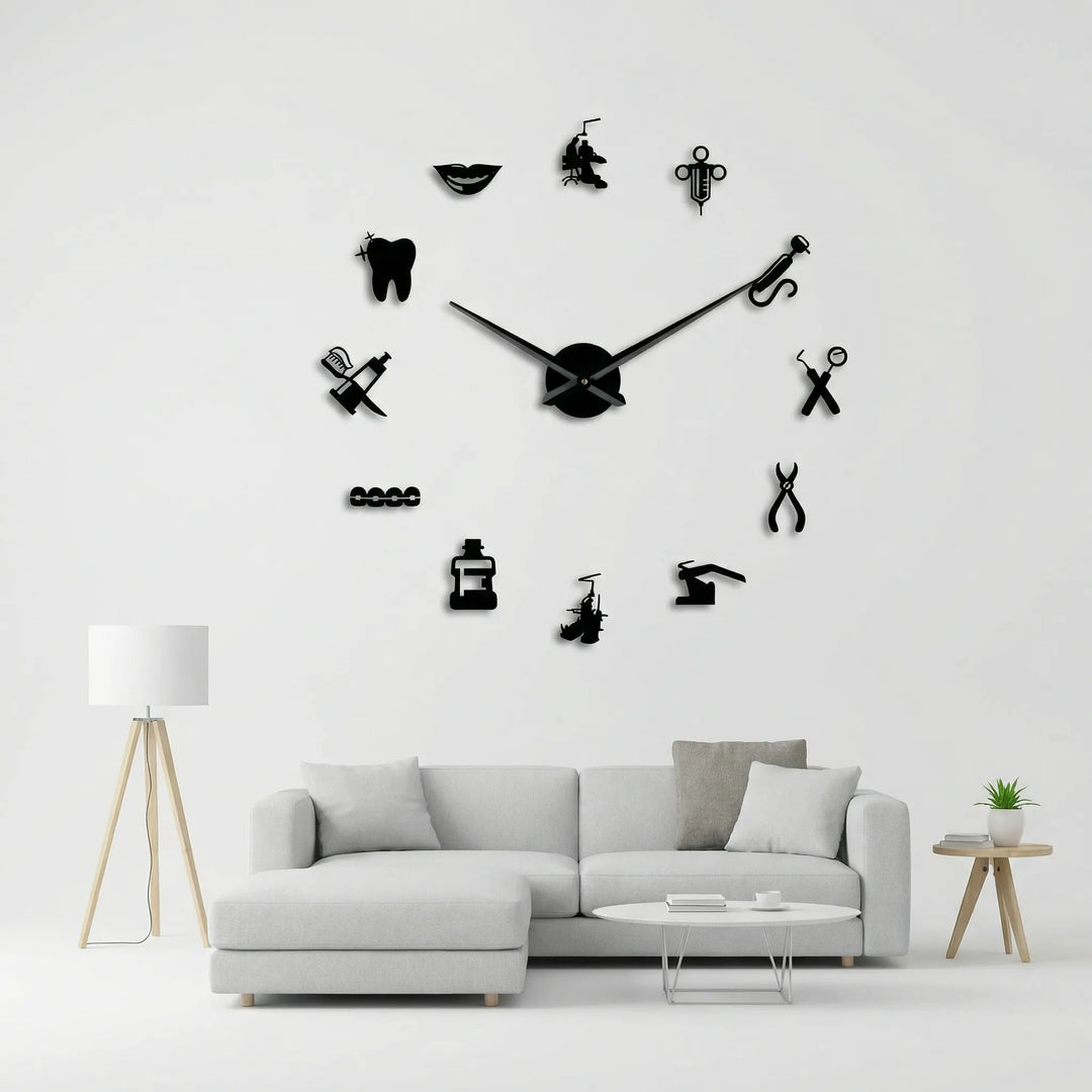 Oversized silent wall clock, perfect for a dental office waiting room. Modern clinic decor timepiece.