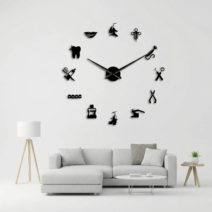 Oversized silent wall clock, perfect for a dental office waiting room. Modern clinic decor timepiece.