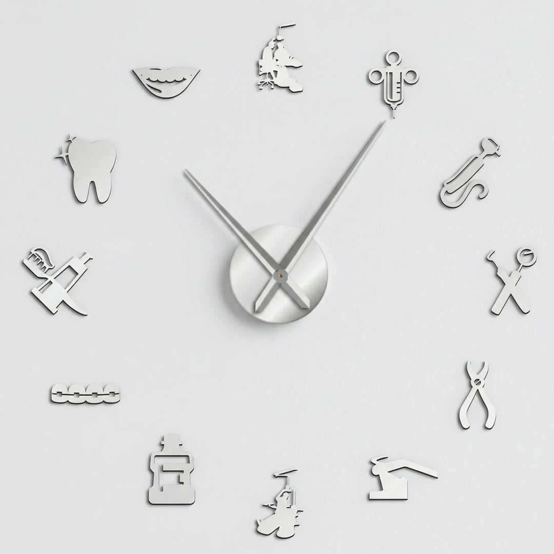 Modern large silent wall clock for dental office reception or waiting room. Professional clinic timepiece.