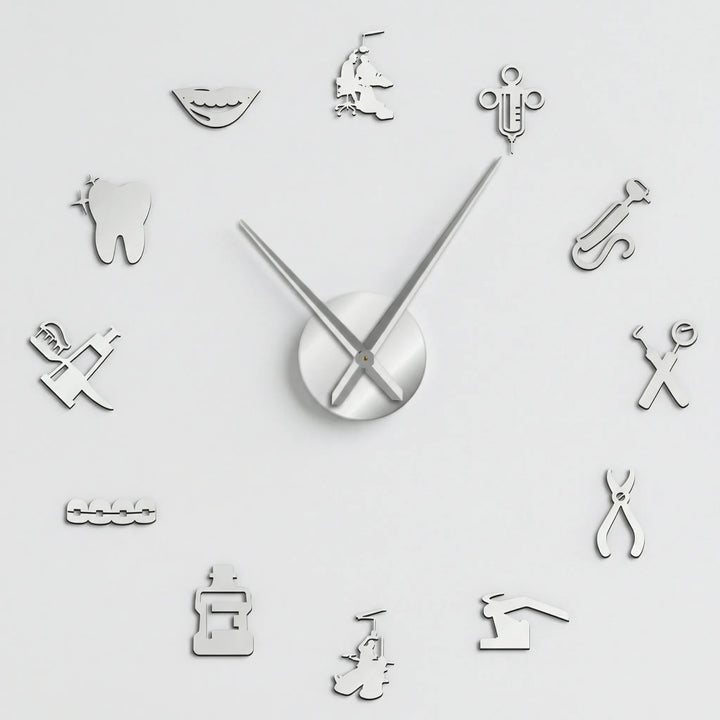 Modern large silent wall clock for dental office reception or waiting room. Professional clinic timepiece.