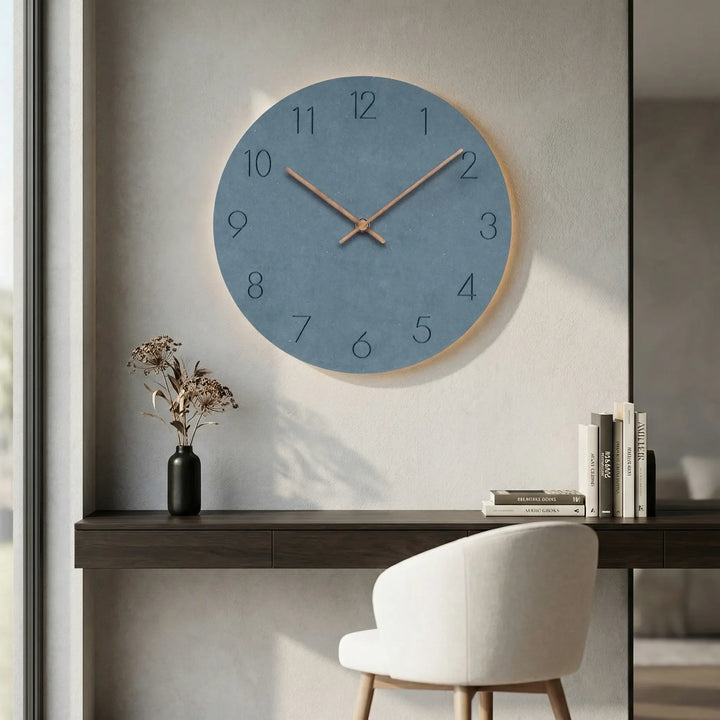 Silent minimalist round wall clock, sleek modern design for home office decor.