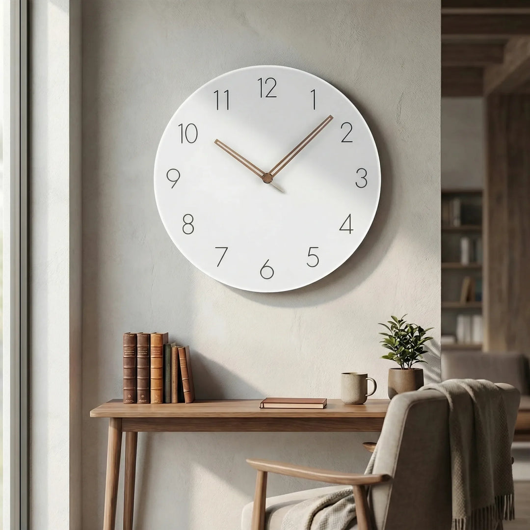 Elegant silent round clock, minimalist design for sophisticated home and office settings.