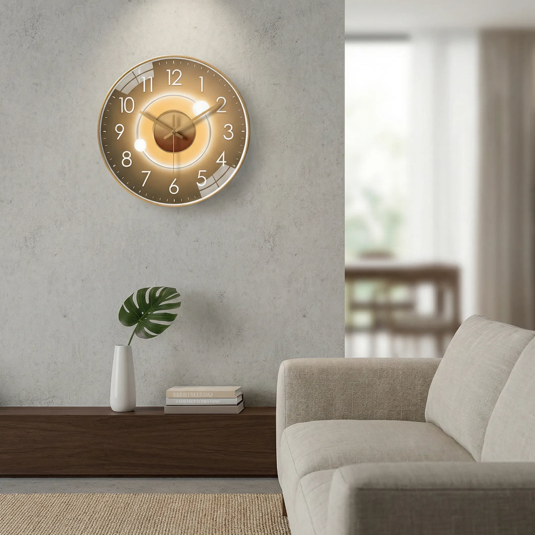 Silent minimalist wall clock, black hands on white dial, modern living room decor.
