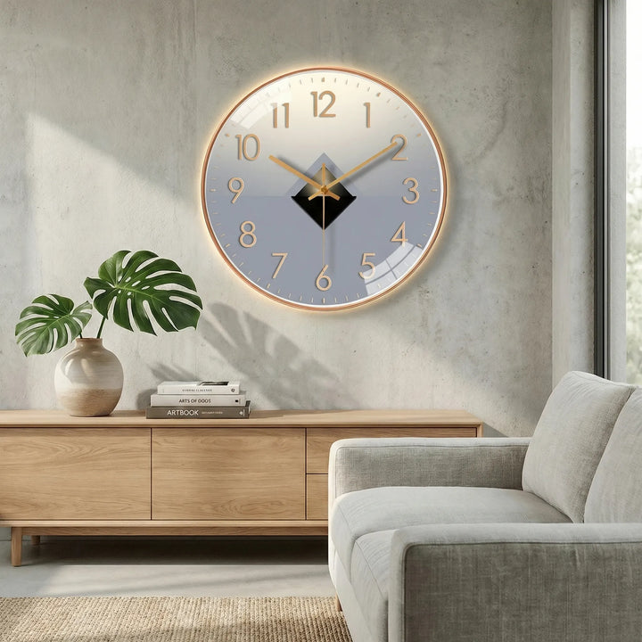 Elegant silent wall clock, large easy-to-read numbers, contemporary home accent.