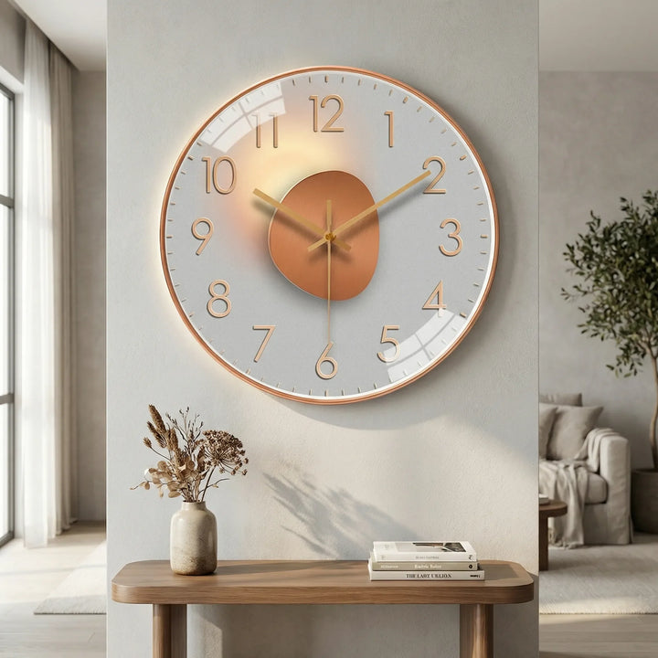 Close-up of a silent minimalist wall clock, highlighting its sleek, non-ticking design.