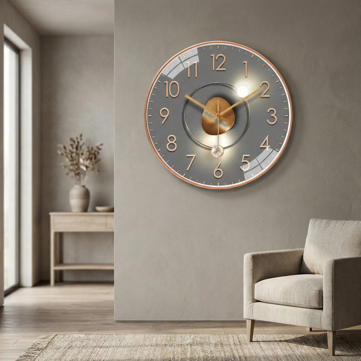 Modern wall clock hanging on a light wall, silent operation for a peaceful home environment.