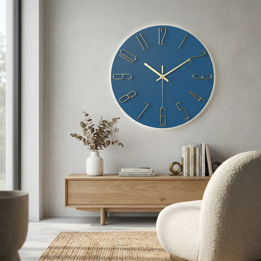 Silent modern round wall clock, contemporary design for home decor and office.