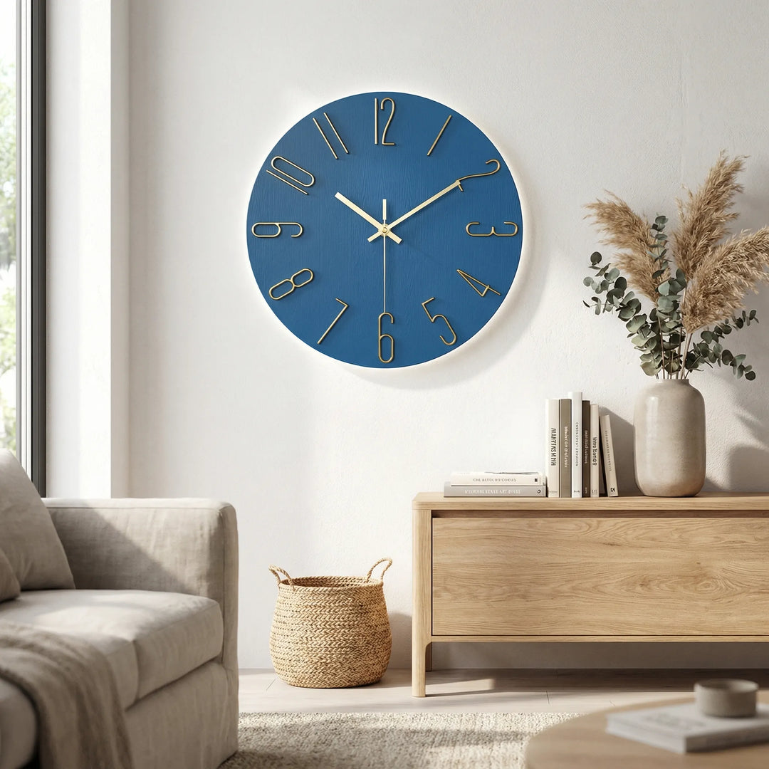 Decorative round wall clock for living room, bedroom, or kitchen. Features silent operation.