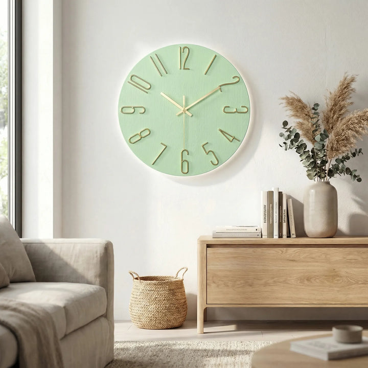 Modern aesthetic silent round wall clock, ideal for stylish home or office spaces.