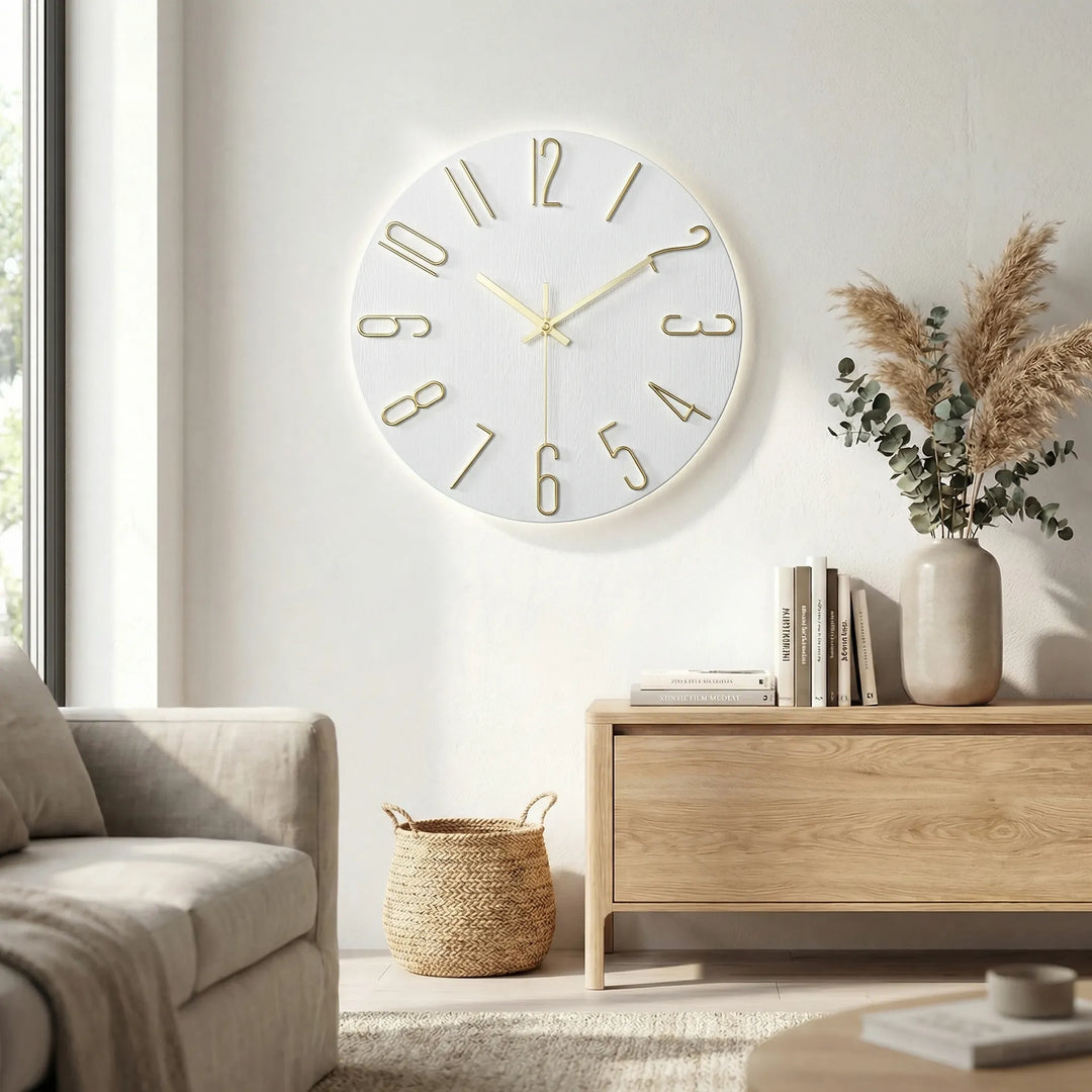 Contemporary silent round wall clock, perfect for living room, bedroom, and office environments.