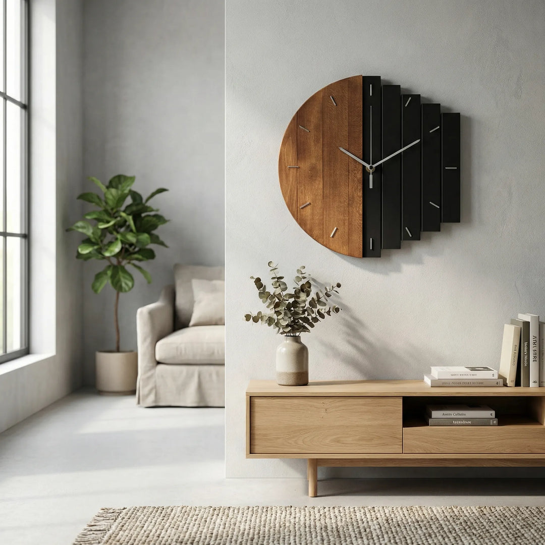 Silent round wall clock with modern half-plank design; perfect for contemporary home decor & living rooms.