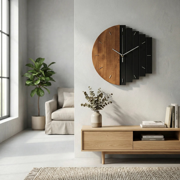 Silent round wall clock with modern half-plank design; perfect for contemporary home decor & living rooms.