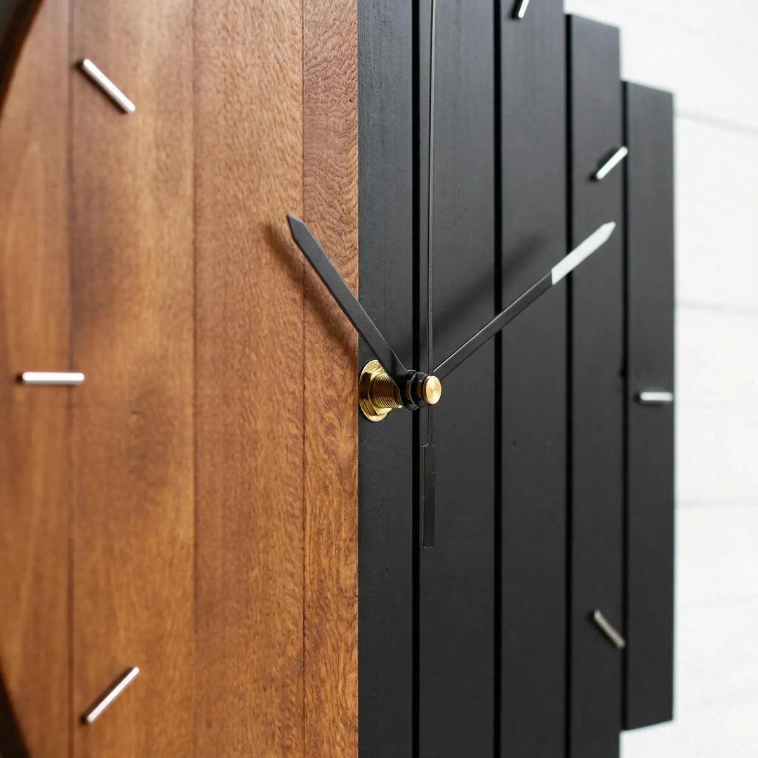 Decorative silent round wall clock, a rustic yet modern half-plank design; ideal for living room decor.