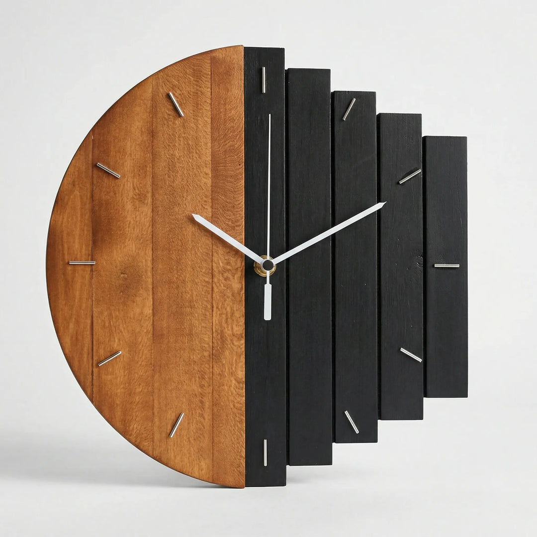 Modern round wall clock with silent movement & distinctive half-plank two-tone design for chic home decor.