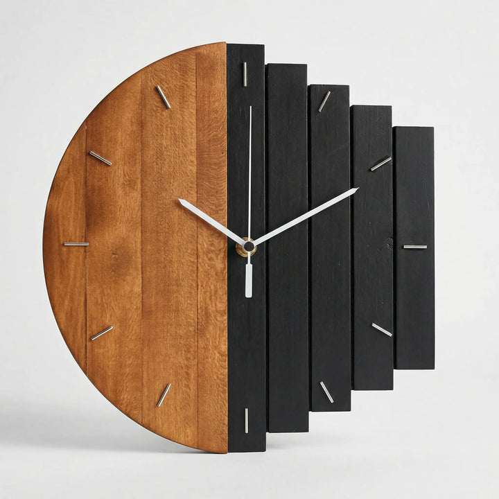 Modern round wall clock with silent movement & distinctive half-plank two-tone design for chic home decor.