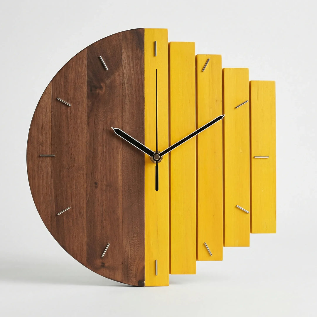 Stylish round wall clock, silent & contemporary; features abstract half-plank wood design for modern homes.