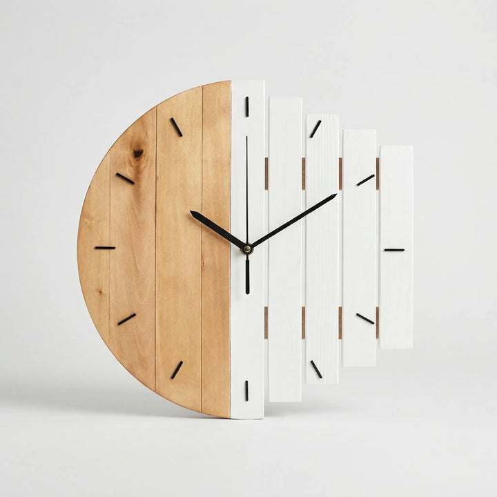 Unique silent round wall clock with a two-tone half-plank wooden design, a perfect modern home decor piece.