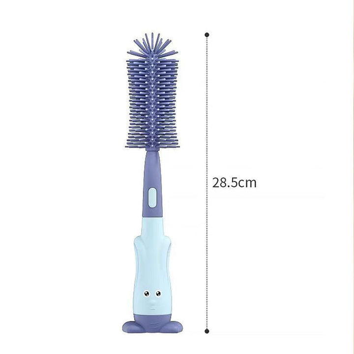 Feeding accessories cleaning: BPA-free silicone bottle brush drying in a rack, ready for next use