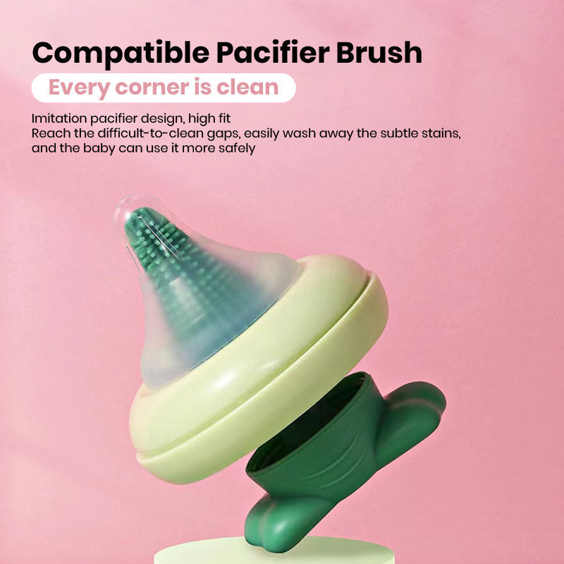 Complete BPA-free silicone baby bottle and nipple brush set, displayed neatly for new mom convenience