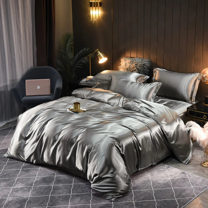 Opulent silky satin duvet cover set, promising luxurious comfort and an elegant bedroom ambiance.