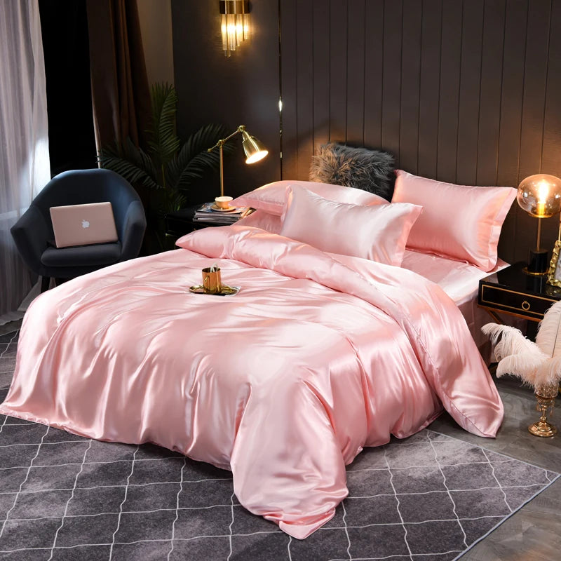 Full view of a luxurious silky satin duvet cover set, perfect for elegant home comfort.