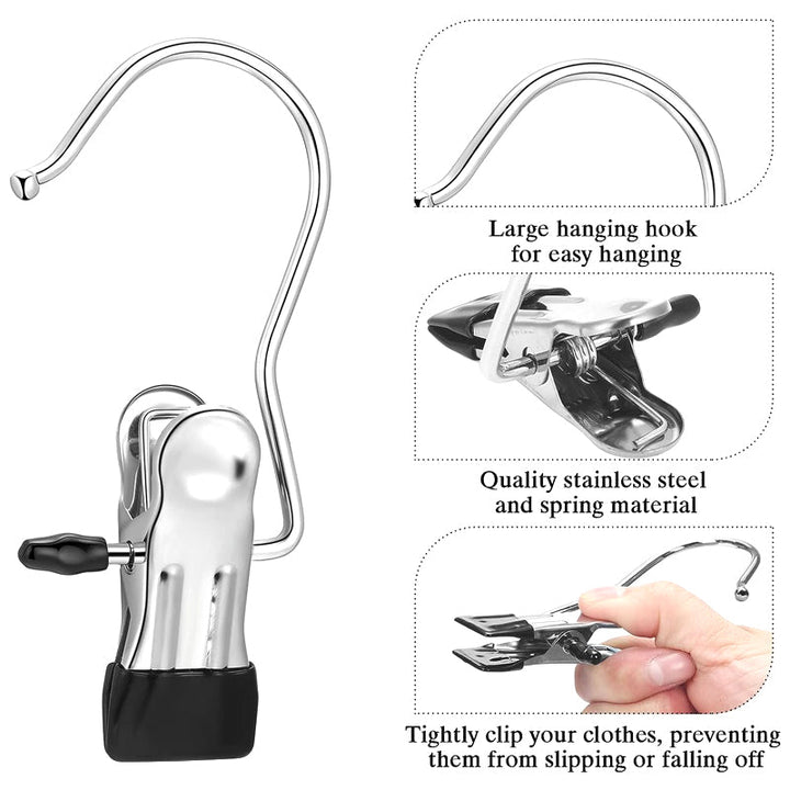 Stainless steel silver clothing clips, ideal for hanging garments and organizing your closet