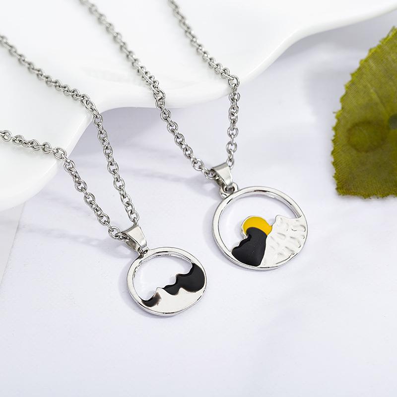 Silver mountain landscape couple necklace, nature-inspired outdoor adventure jewelry, unisex design.