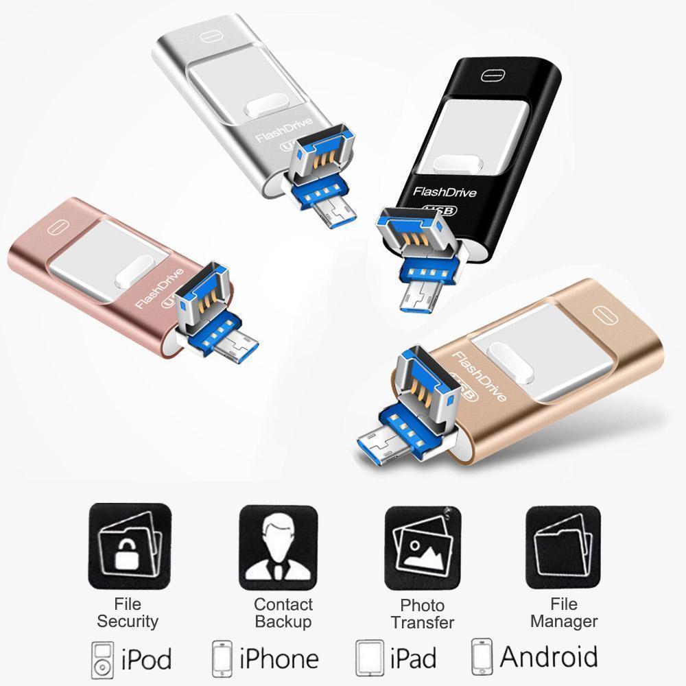 Silver USB flash drive for iOS & Android, external mobile storage for data backup