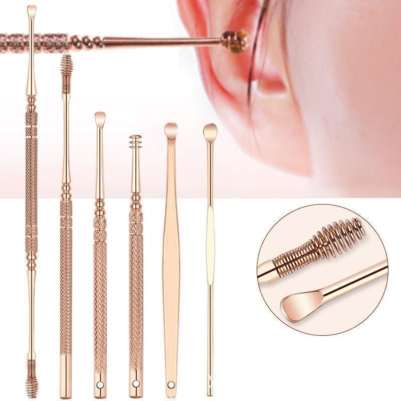 Six rose gold stainless steel earwax removal tools for effective ear cleaning and personal hygiene.