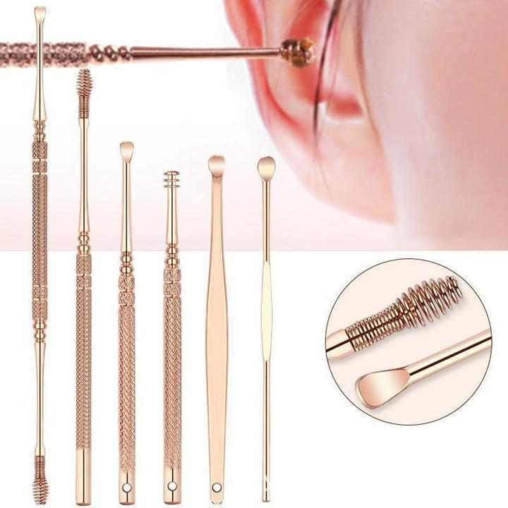 Six rose gold stainless steel earwax removal tools for effective ear cleaning and personal hygiene.