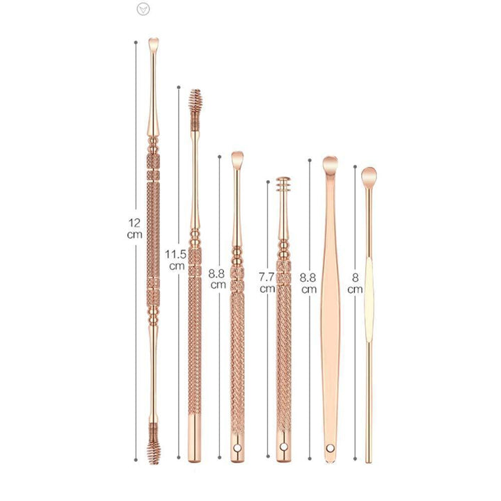 Health and beauty aid: six rose gold stainless steel instruments for gentle earwax extraction.