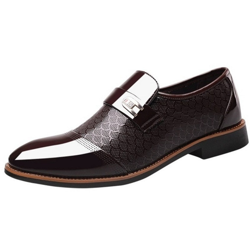 High-shine black men's formal dress shoes with sleek buckle details, perfect for business meetings or evening wear.