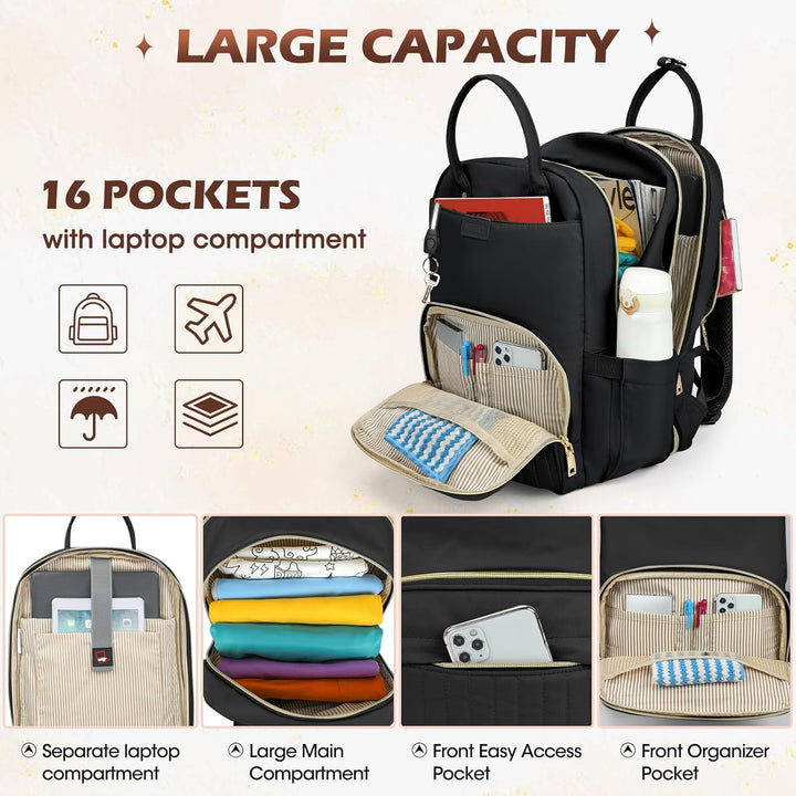 Durable black water-resistant laptop backpack, protecting your 15.6" device & essentials from rain.