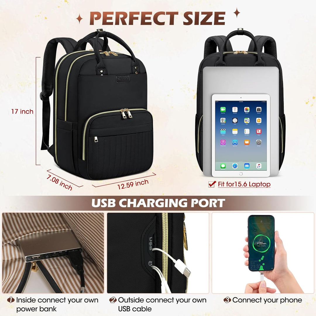 Organized black travel laptop backpack with multiple compartments for 15.6" laptop, tech & essentials.