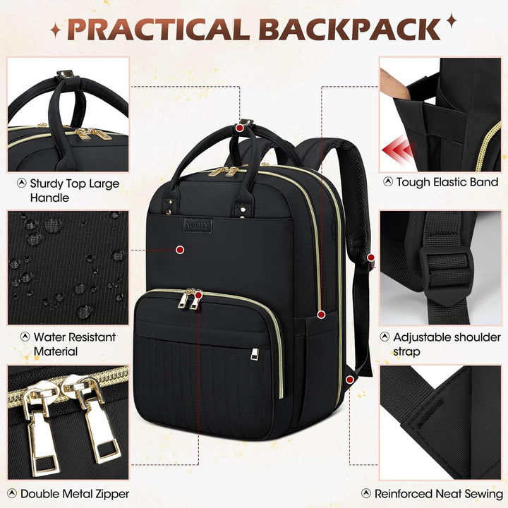 Airport-friendly black unisex travel backpack with padded 15.6" laptop sleeve & secure compartments.