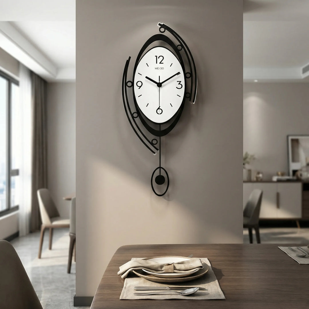 Sleek modern black & white silent pendulum wall clock. Ideal for minimalist living room home decor.