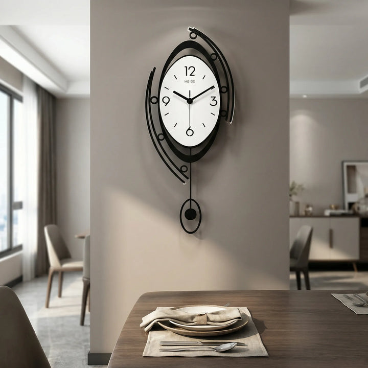 Sleek modern black & white silent pendulum wall clock. Ideal for minimalist living room home decor.