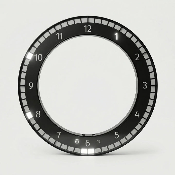 Modern LED wall clock mounted, enhancing home or office decor with its bright digital time and sleek timepiece design.