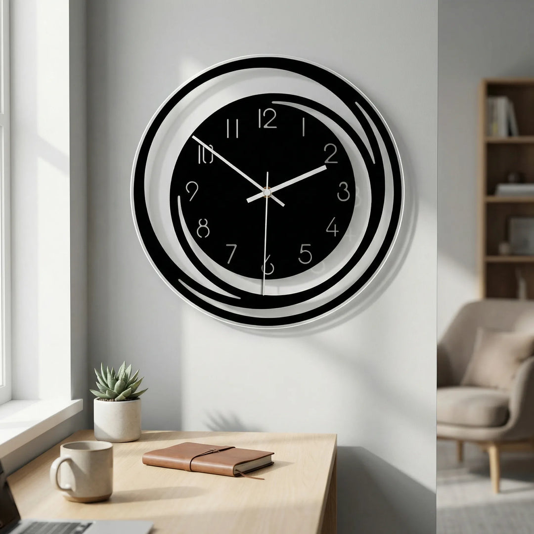 Sleek round modern wall clock with silent sweep movement, perfect for quiet living room or office decor.