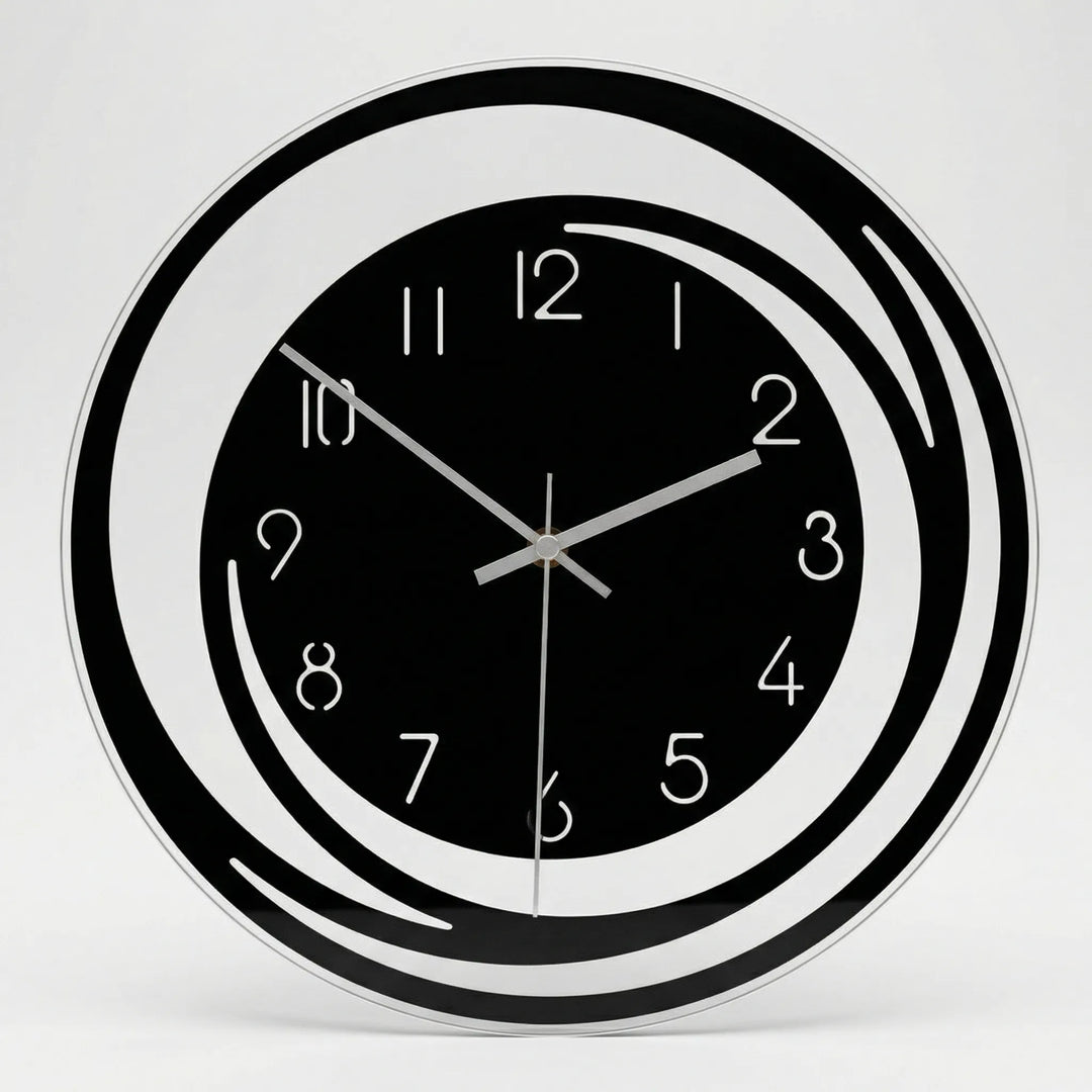 Minimalist black & white silent wall clock, ideal home accent for peaceful bedroom or office environment.