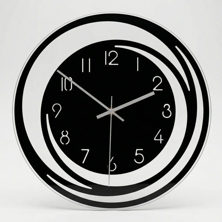 Minimalist black & white silent wall clock, ideal home accent for peaceful bedroom or office environment.