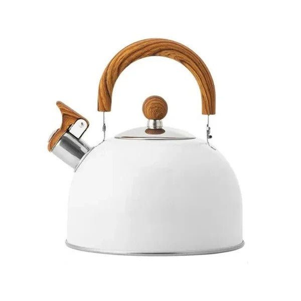 Shiny stainless steel whistling tea kettle with an ergonomic, insulated handle for gas & induction stoves.