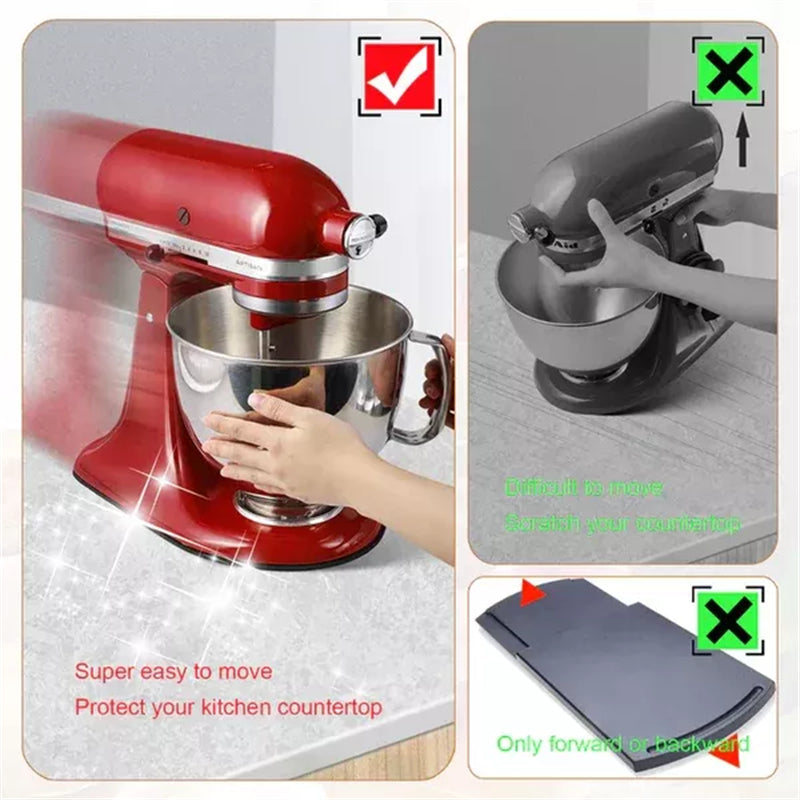 Sliding mat with stand mixer, easily moving appliance on kitchen countertop
