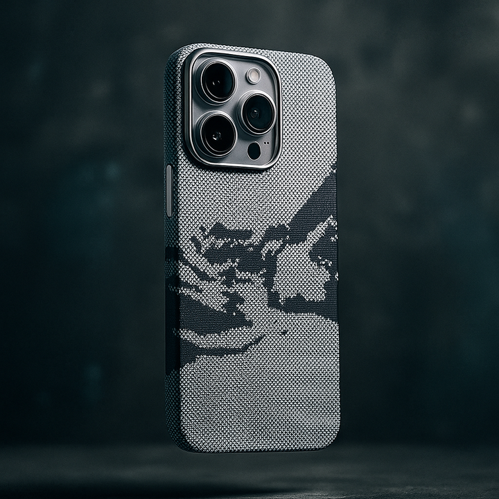 Unisex MagSafe iPhone 14 case in a neutral color, showcasing its slim profile and canvas texture.