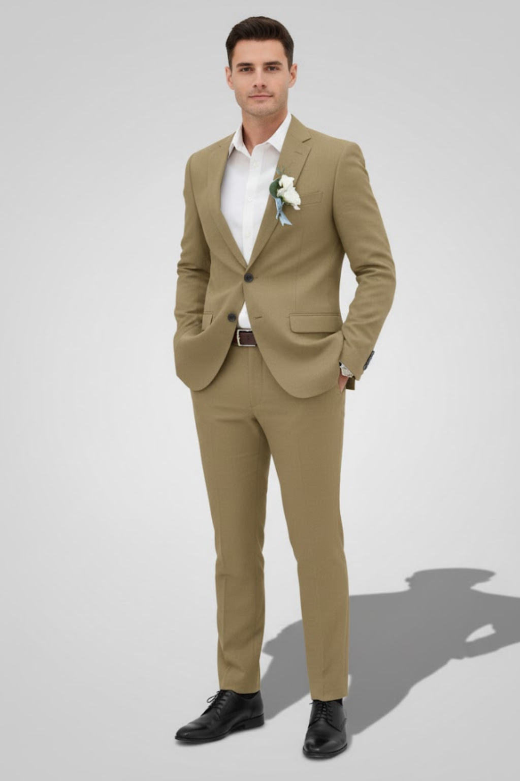 Stylish slim fit men's suit, highlighting the tailored craftsmanship for formal events, weddings & business.