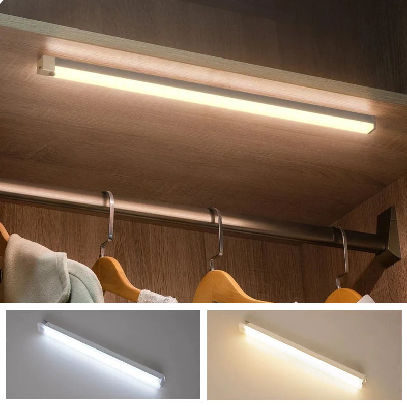 Under-cabinet LED strip lights with motion sensor, rechargeable battery, versatile home lighting